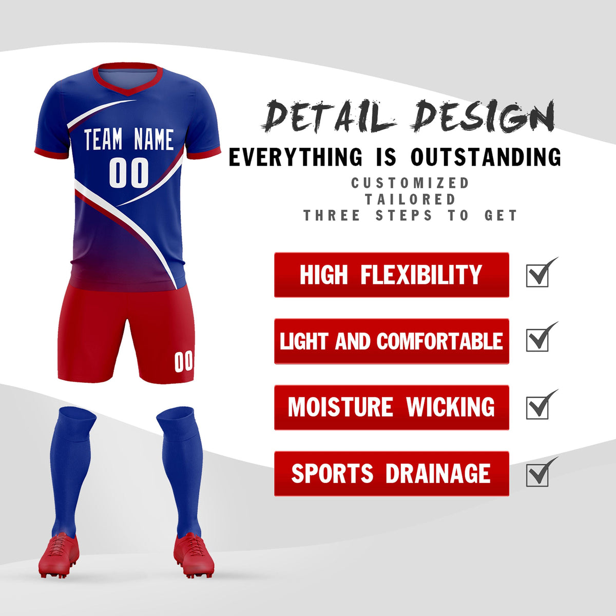 Custom Royal Red Color Block Training Uniform For Men Soccer Sets Jersey