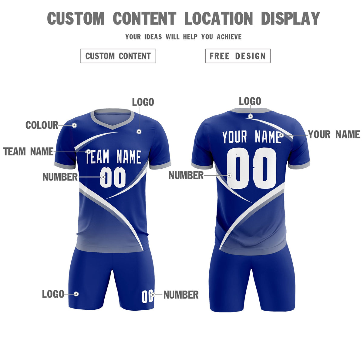 Custom Royal Gray Color Block Training Uniform For Men Soccer Sets Jersey