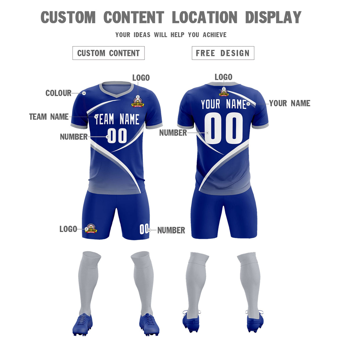 Custom Royal Gray Color Block Training Uniform For Men Soccer Sets Jersey