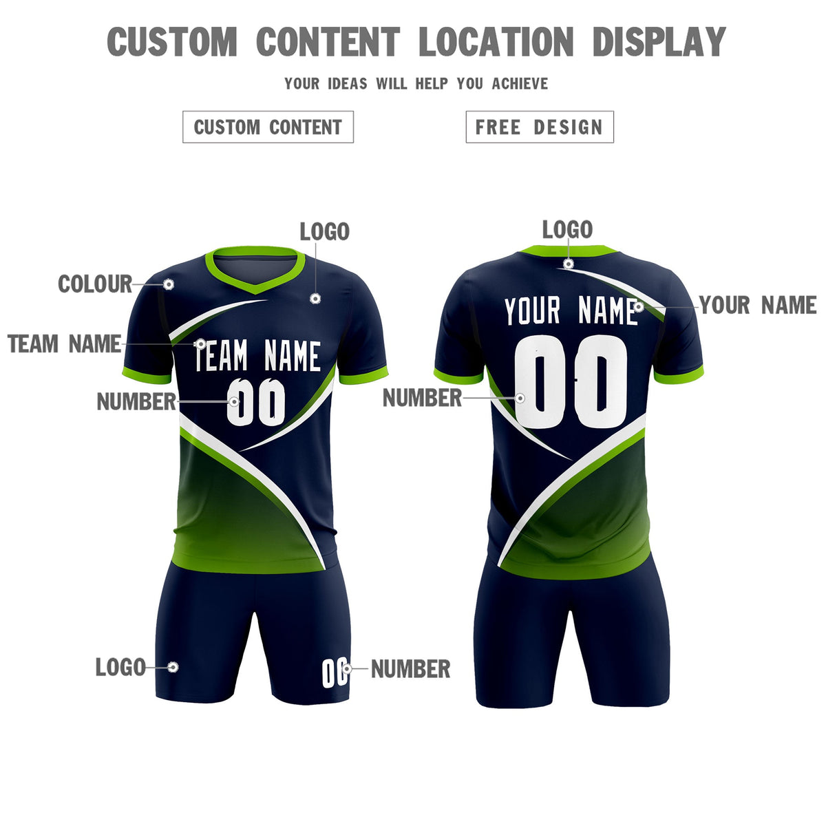 Custom Navy Neon Green Color Block Training Uniform For Men Soccer Sets Jersey