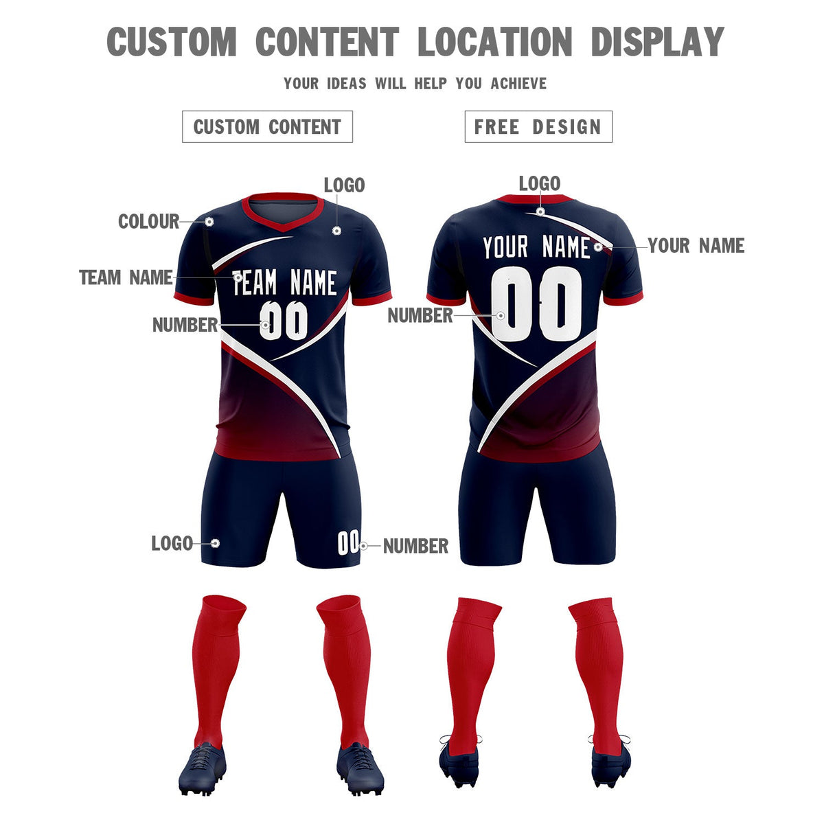 Custom Navy Red Color Block Training Uniform For Men Soccer Sets Jersey