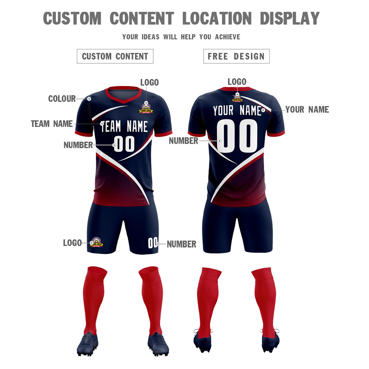 Custom Navy Red Color Block Training Uniform For Men Soccer Sets Jersey