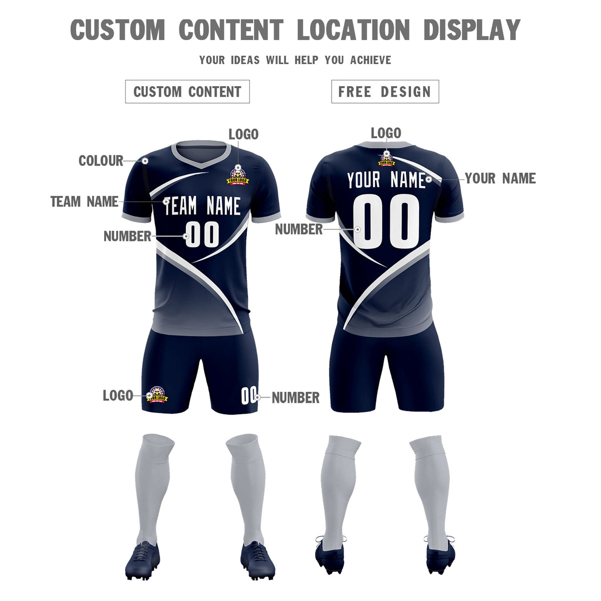 Custom Navy Gray Color Block Training Uniform For Men Soccer Sets Jersey