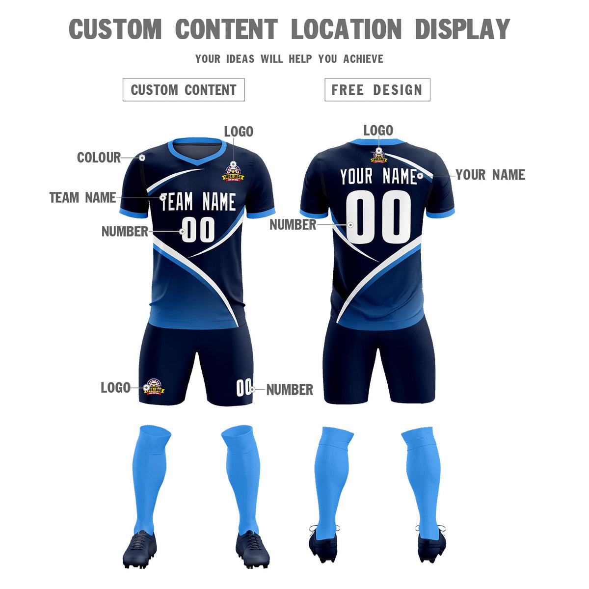 Custom Navy Powder Blue Color Block Training Uniform For Men Soccer Sets Jersey