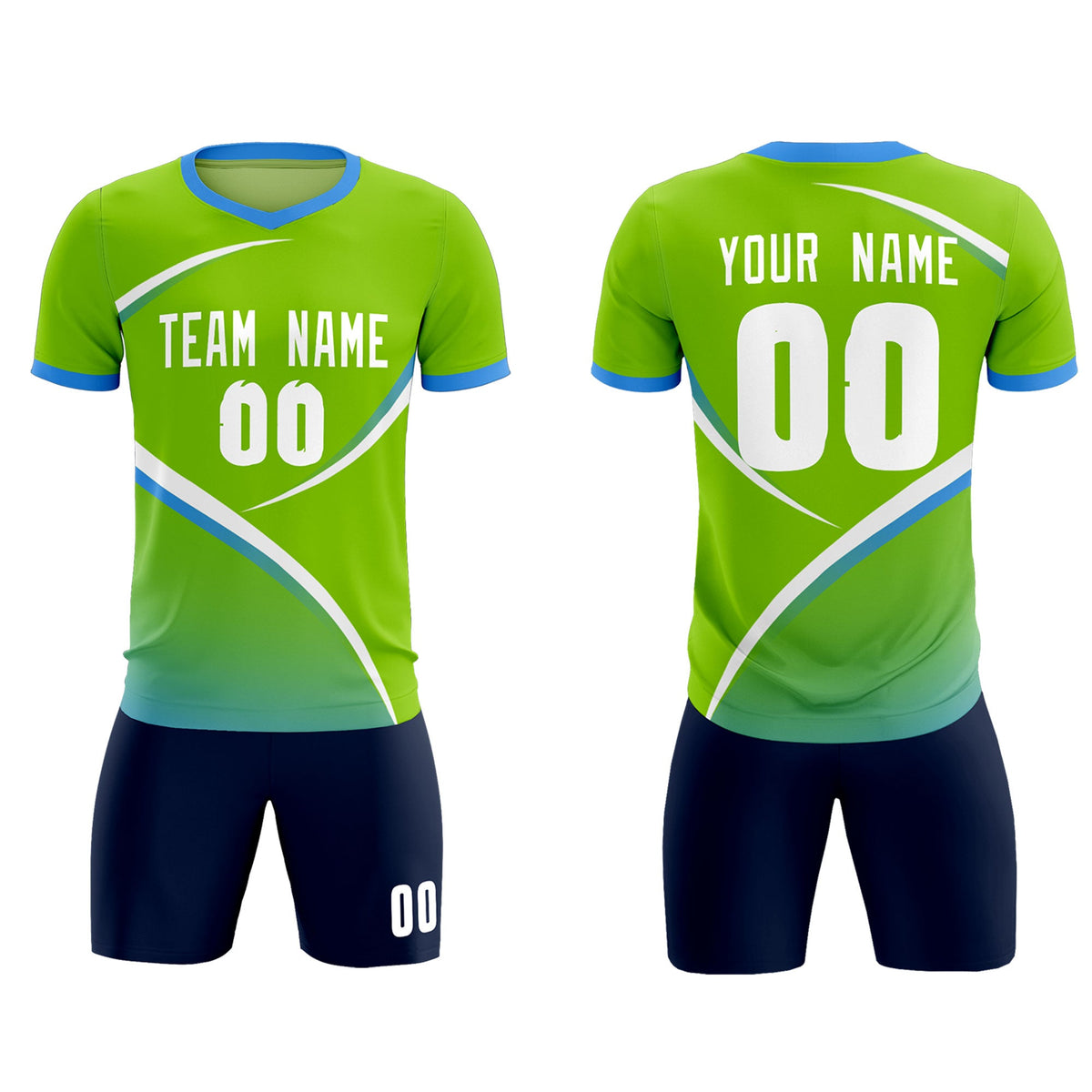Custom Neon Green Powder Blue Color Block Training Uniform For Men Soccer Sets Jersey