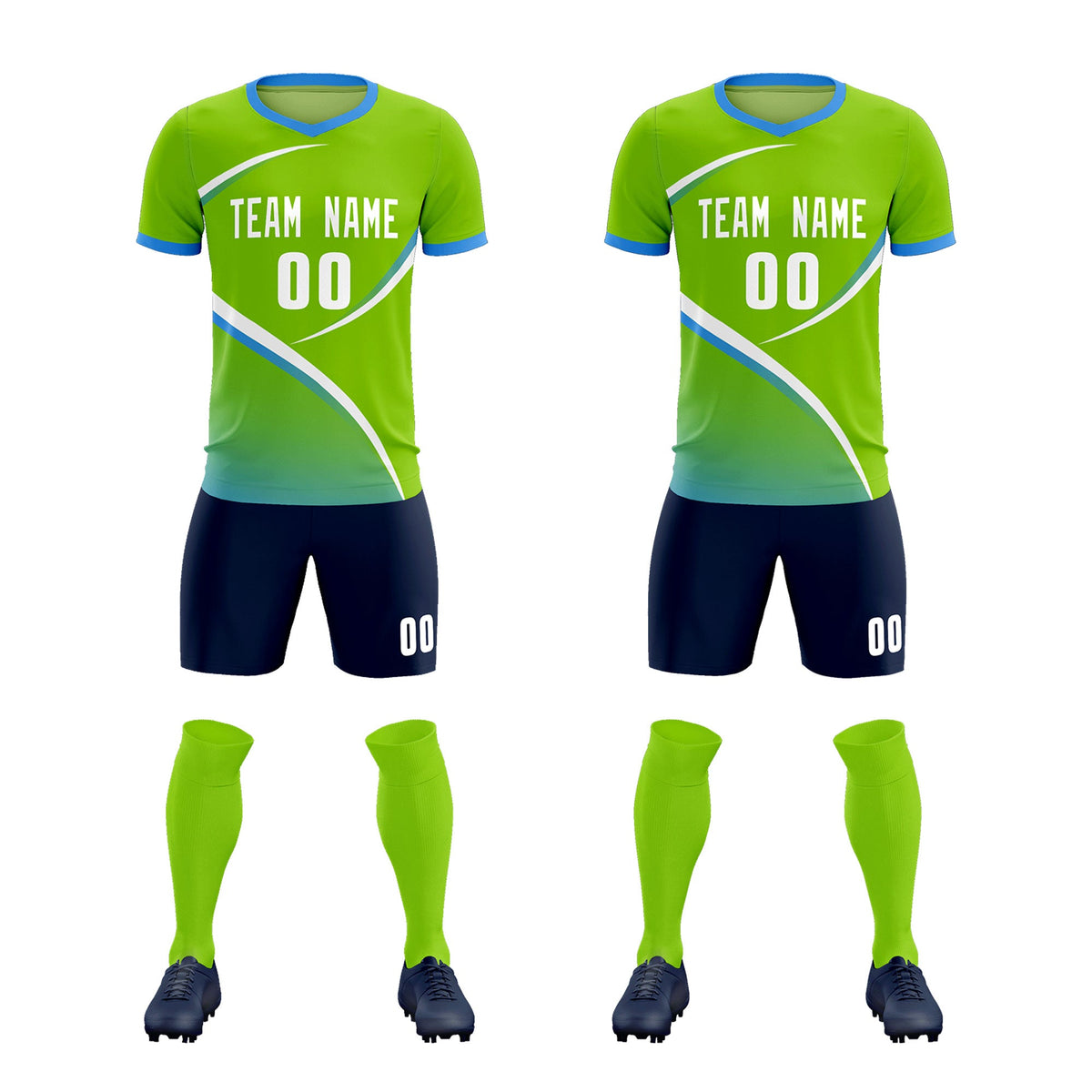 Custom Neon Green Powder Blue Color Block Training Uniform For Men Soccer Sets Jersey