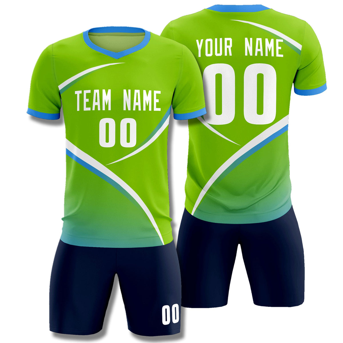 Custom Neon Green Powder Blue Color Block Training Uniform For Men Soccer Sets Jersey