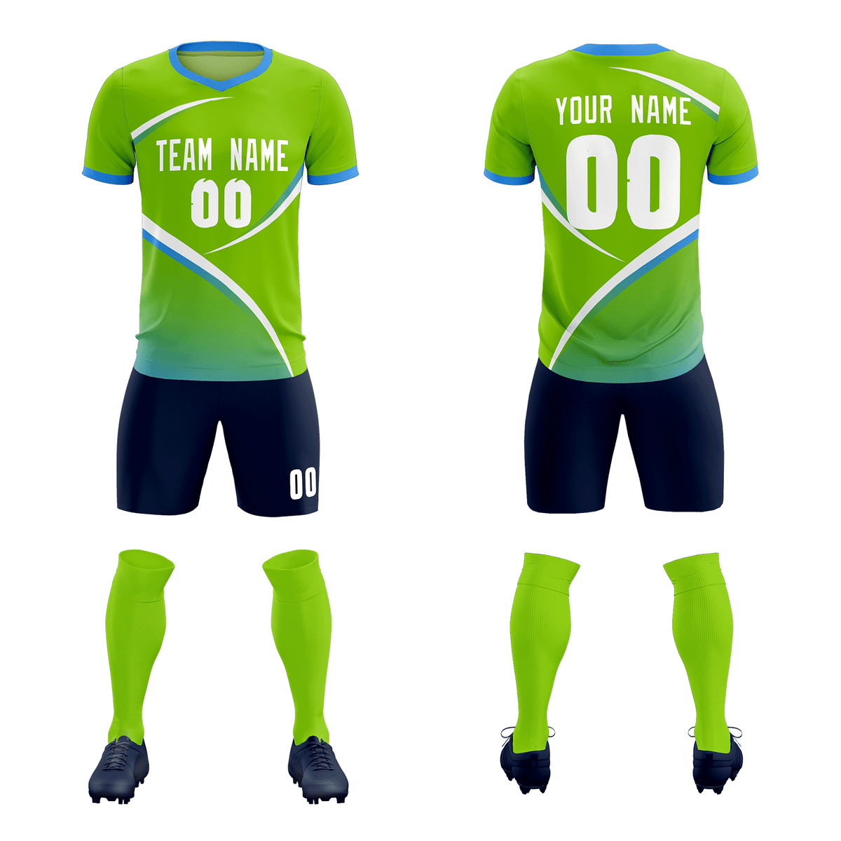 Custom Neon Green Powder Blue Color Block Training Uniform For Men Soccer Sets Jersey