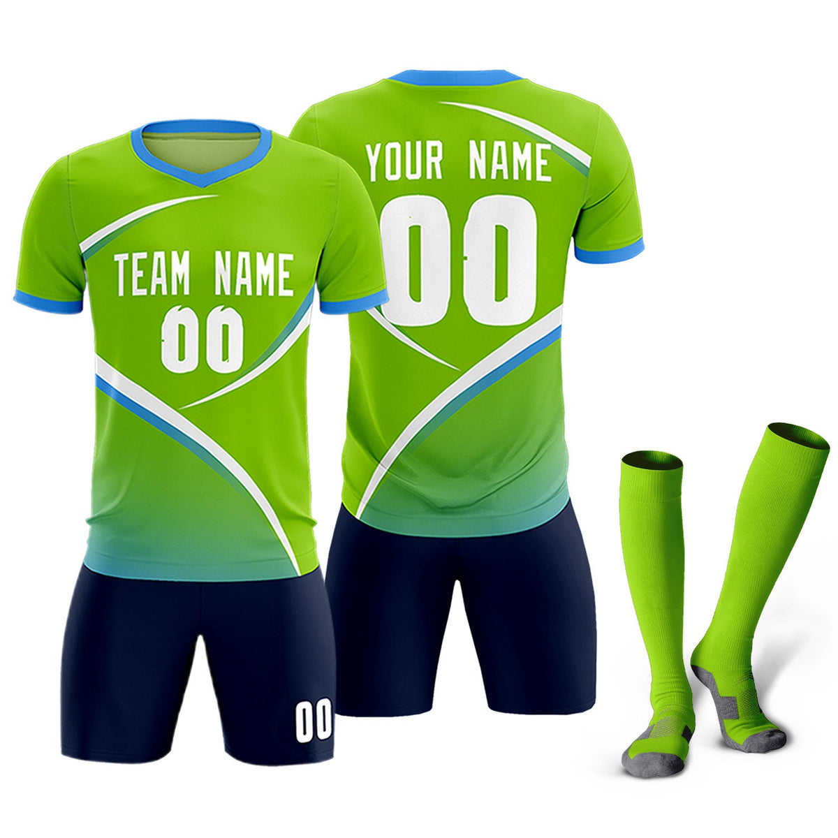 Custom Neon Green Powder Blue Color Block Training Uniform For Men Soccer Sets Jersey