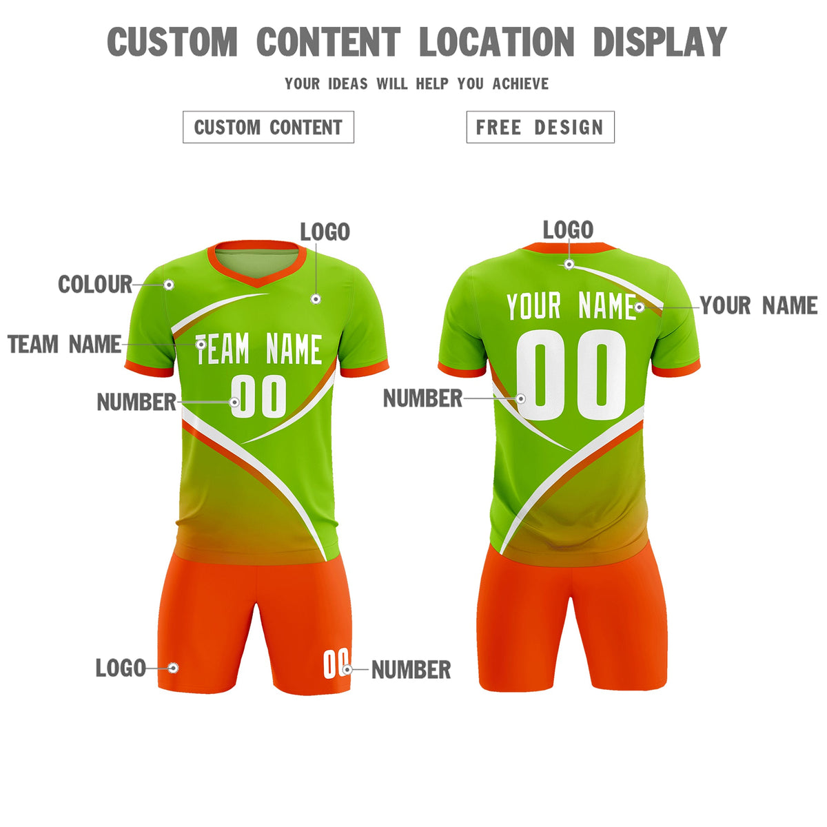 Custom Neon Green Orange Color Block Training Uniform For Men Soccer Sets Jersey