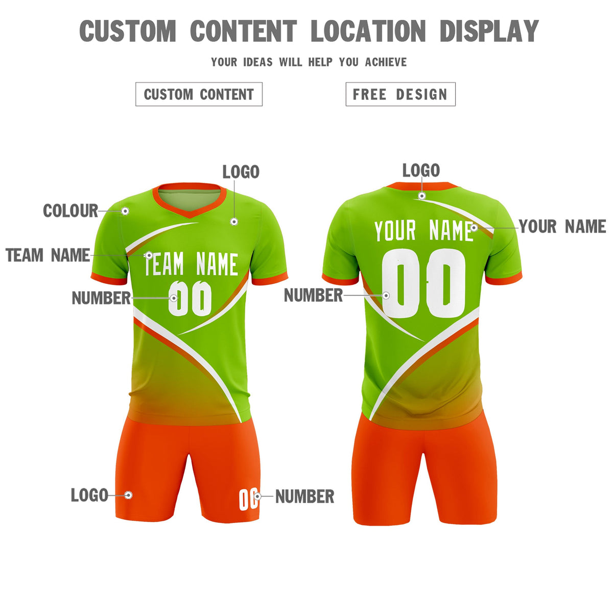 Custom Neon Green Orange Color Block Training Uniform For Men Soccer Sets Jersey