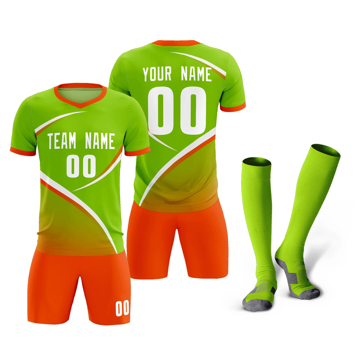 Custom Neon Green Orange Color Block Training Uniform For Men Soccer Sets Jersey
