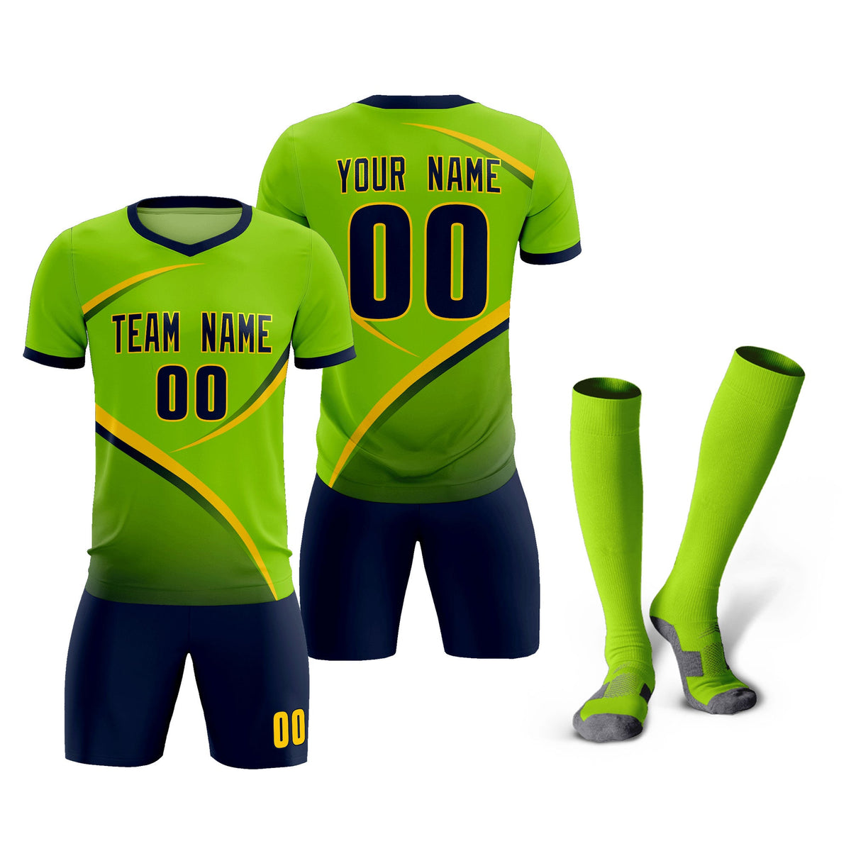 Custom Neon Green Navy Color Block Training Uniform For Men Soccer Sets Jersey
