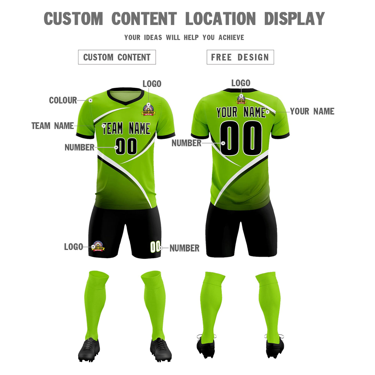 Custom Neon Green Black Color Block Training Uniform For Men Soccer Sets Jersey