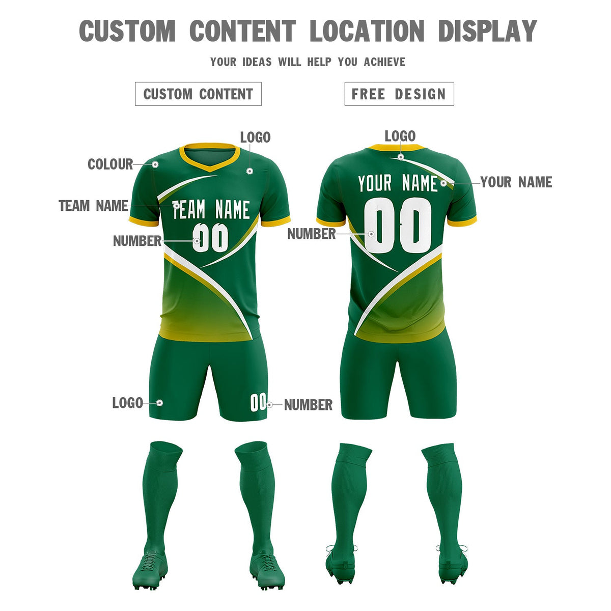 Custom Kelly Green Gold Color Block Training Uniform For Men Soccer Sets Jersey