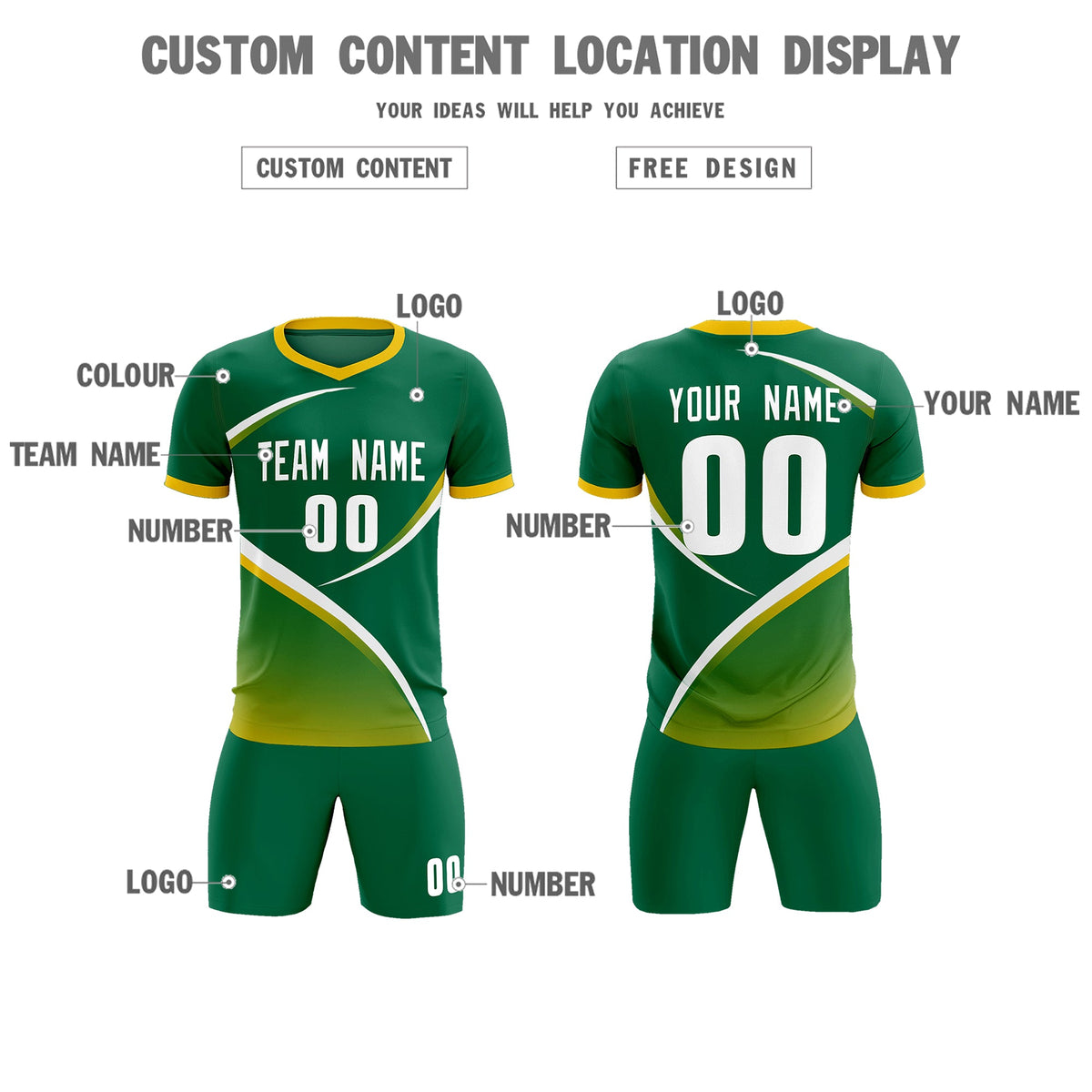 Custom Kelly Green Gold Color Block Training Uniform For Men Soccer Sets Jersey