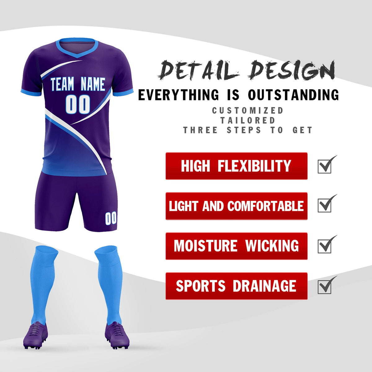 Custom Purple Powder Blue Color Block Training Uniform For Men Soccer Sets Jersey