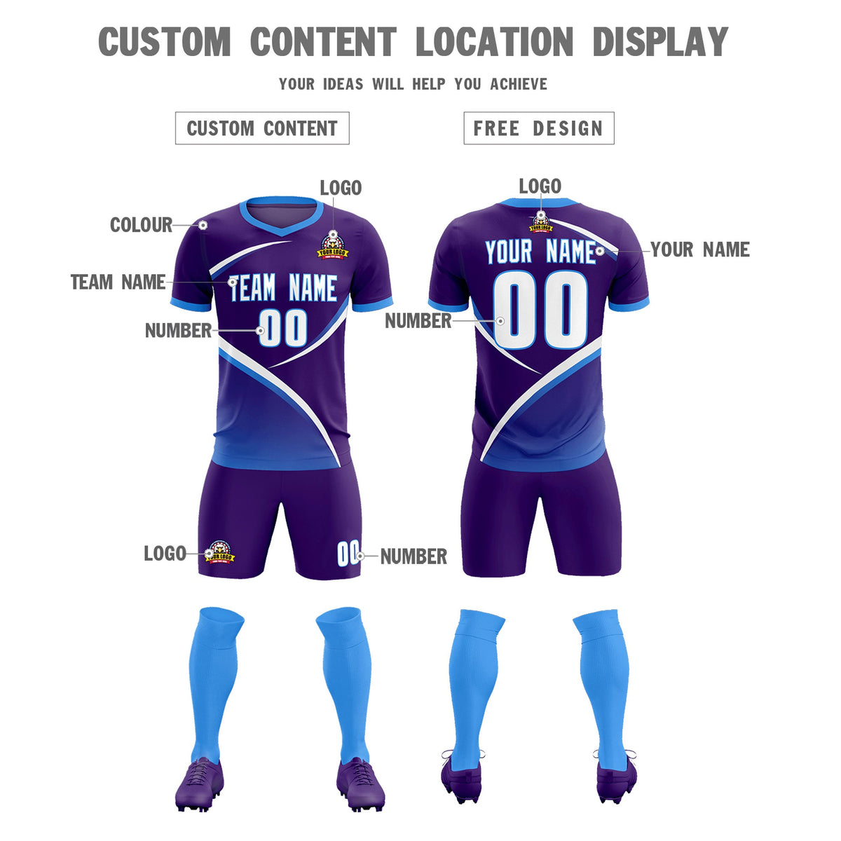 Custom Purple Powder Blue Color Block Training Uniform For Men Soccer Sets Jersey