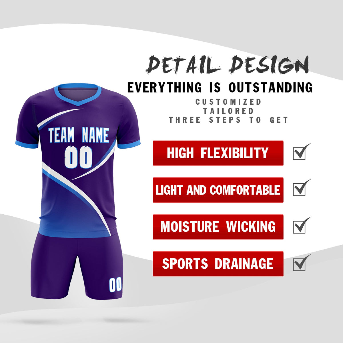 Custom Purple Powder Blue Color Block Training Uniform For Men Soccer Sets Jersey