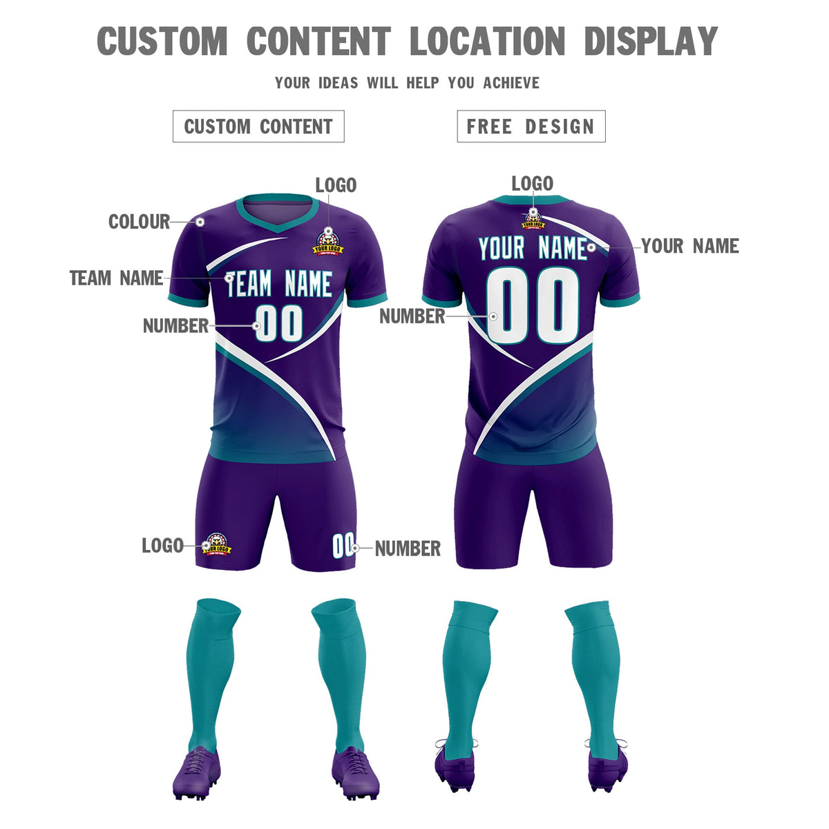 Custom Purple Aqua Color Block Training Uniform For Men Soccer Sets Jersey