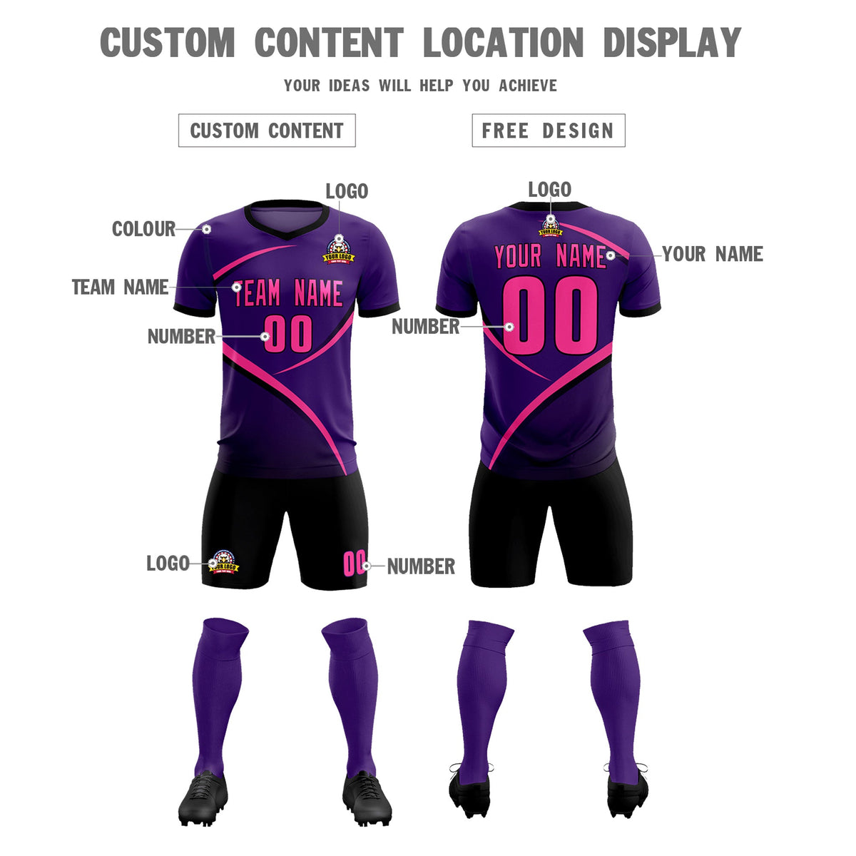 Custom Purple Black Color Block Training Uniform For Men Soccer Sets Jersey