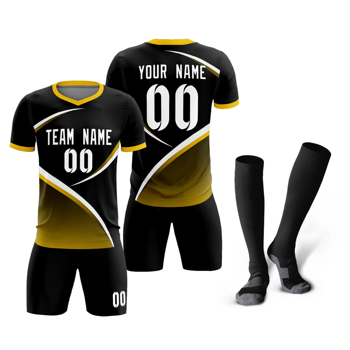 Custom Black Gold Color Block Training Uniform For Men Soccer Sets Jersey