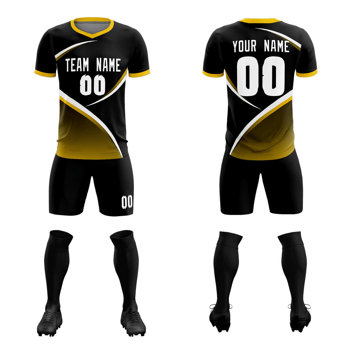 Custom Black Gold Color Block Training Uniform For Men Soccer Sets Jersey