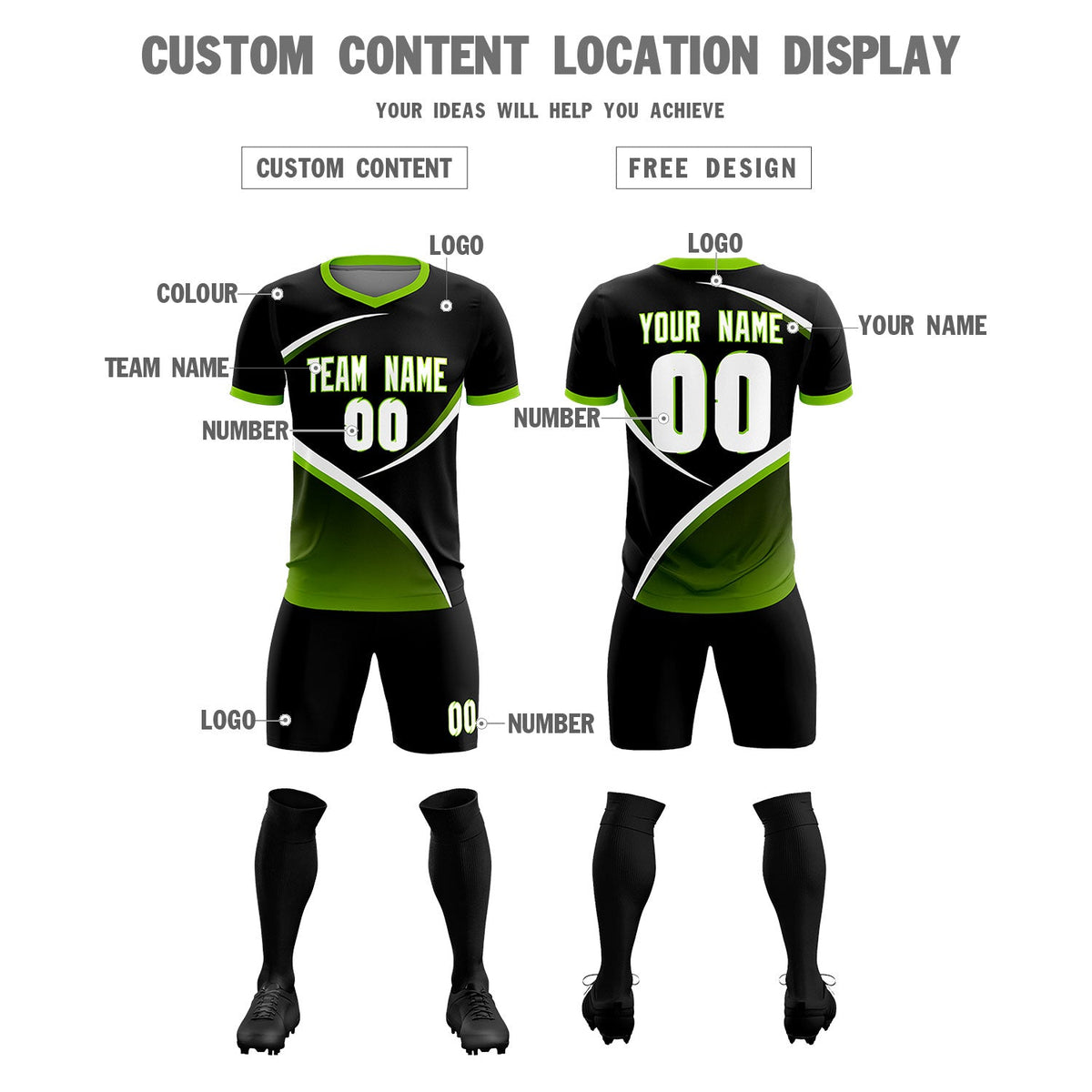 Custom Black Neon Green Color Block Training Uniform For Men Soccer Sets Jersey