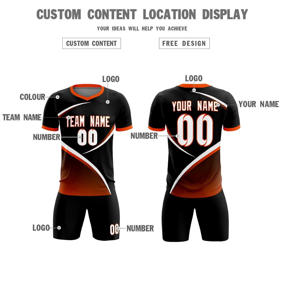 Custom Black Orange Color Block Training Uniform For Men Soccer Sets Jersey