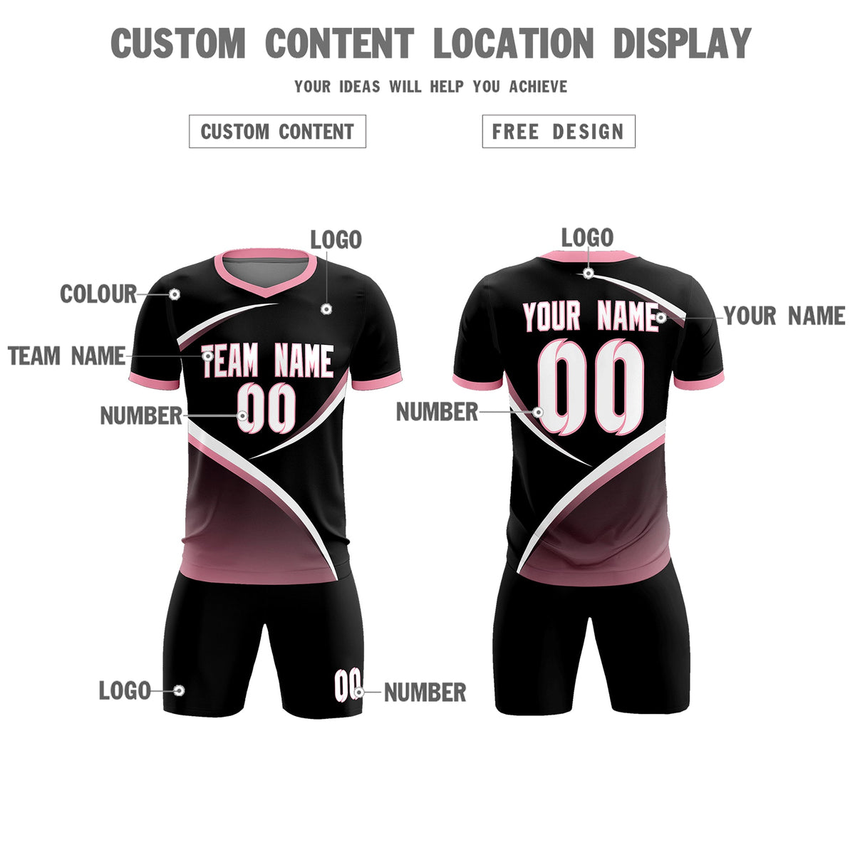 Custom Black Light Pink Color Block Training Uniform For Men Soccer Sets Jersey