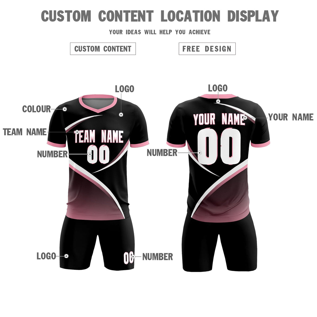 Custom Black Light Pink Color Block Training Uniform For Men Soccer Sets Jersey