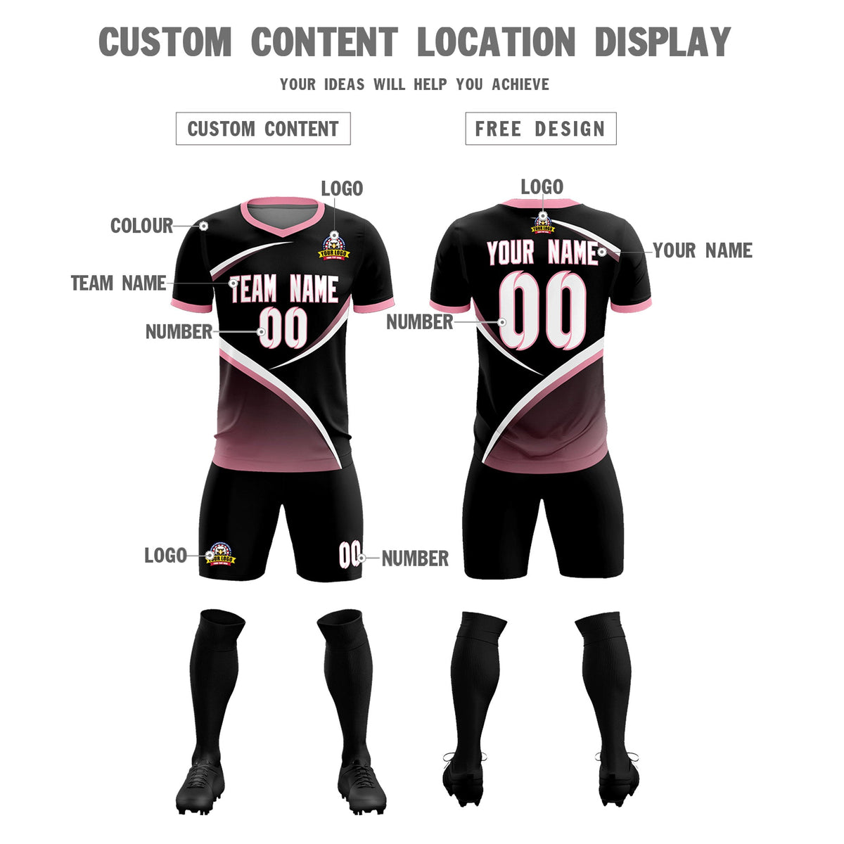 Custom Black Light Pink Color Block Training Uniform For Men Soccer Sets Jersey