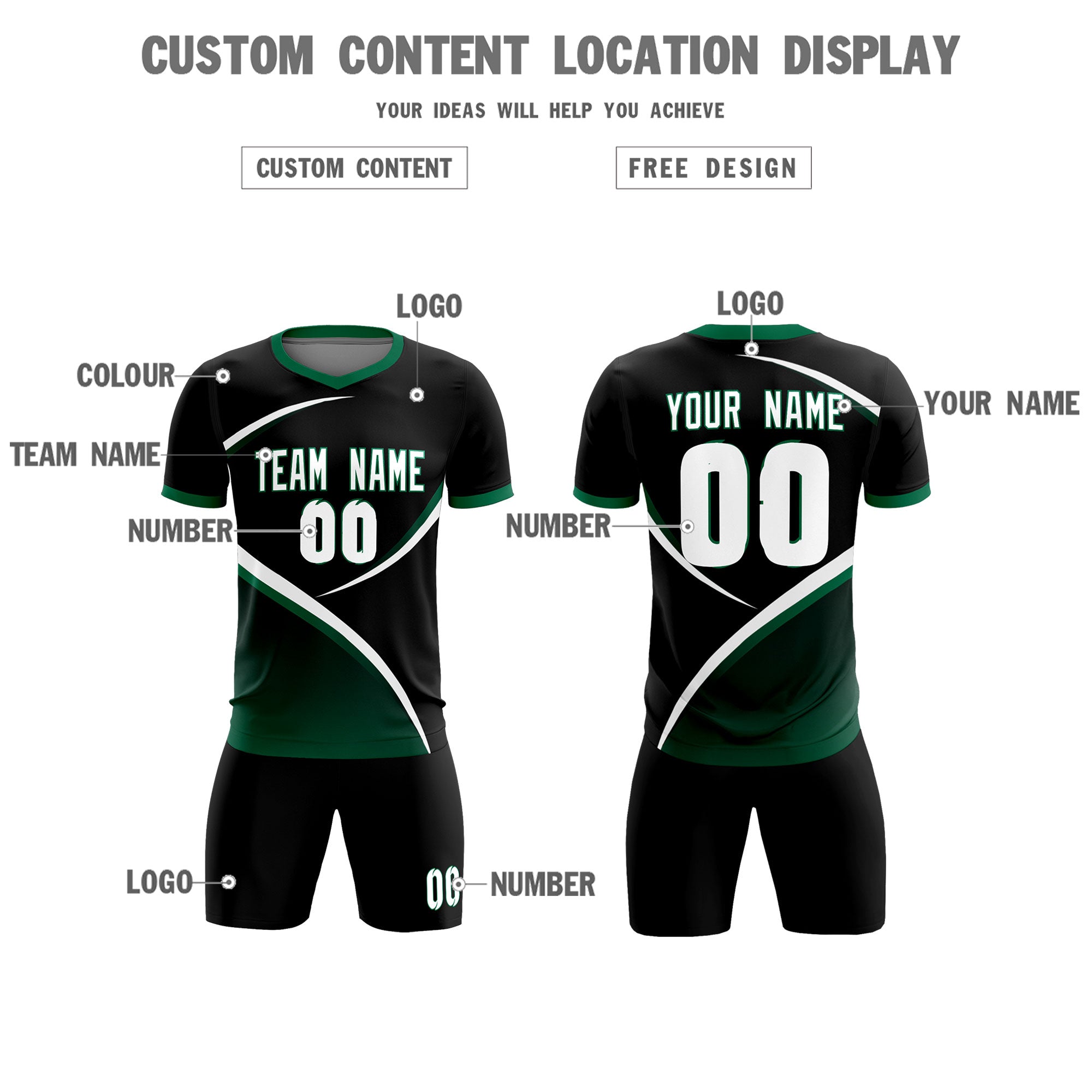 Custom Black Kelly Green Color Block Training Uniform For Men Soccer Sets Jersey