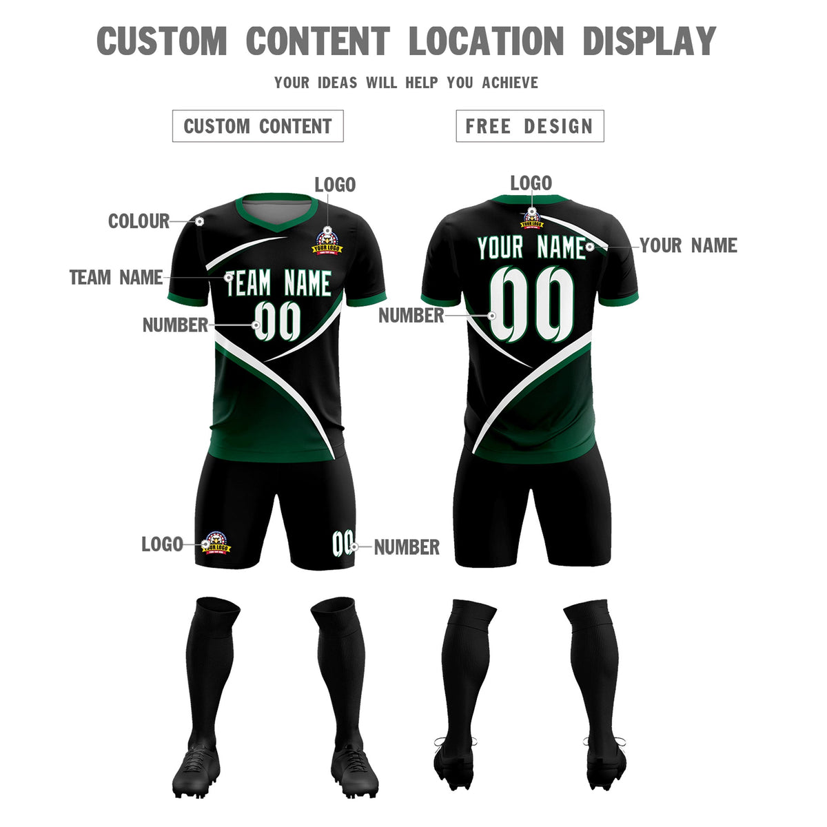 Custom Black Kelly Green Color Block Training Uniform For Men Soccer Sets Jersey