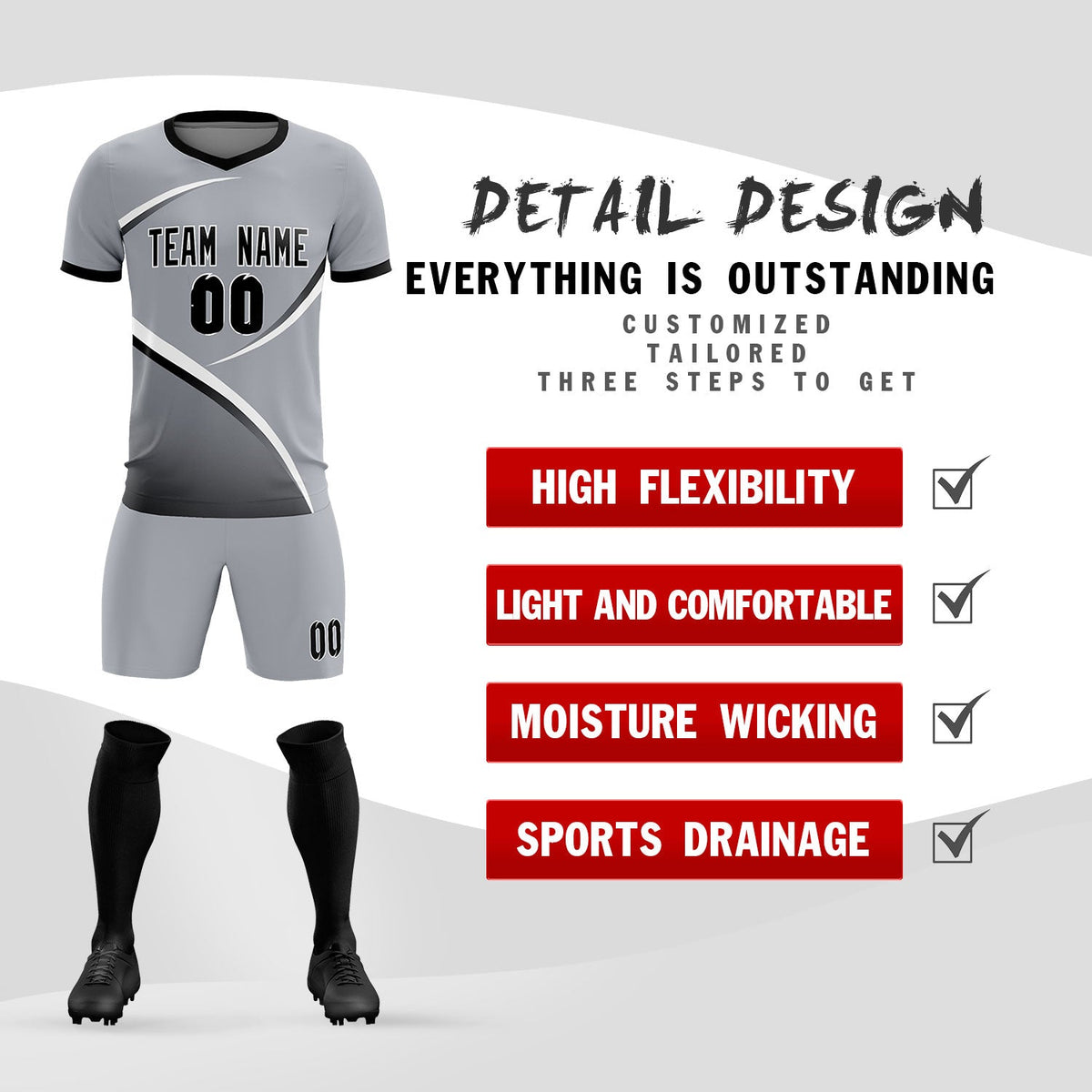 Custom Gray Black Color Block Training Uniform For Men Soccer Sets Jersey