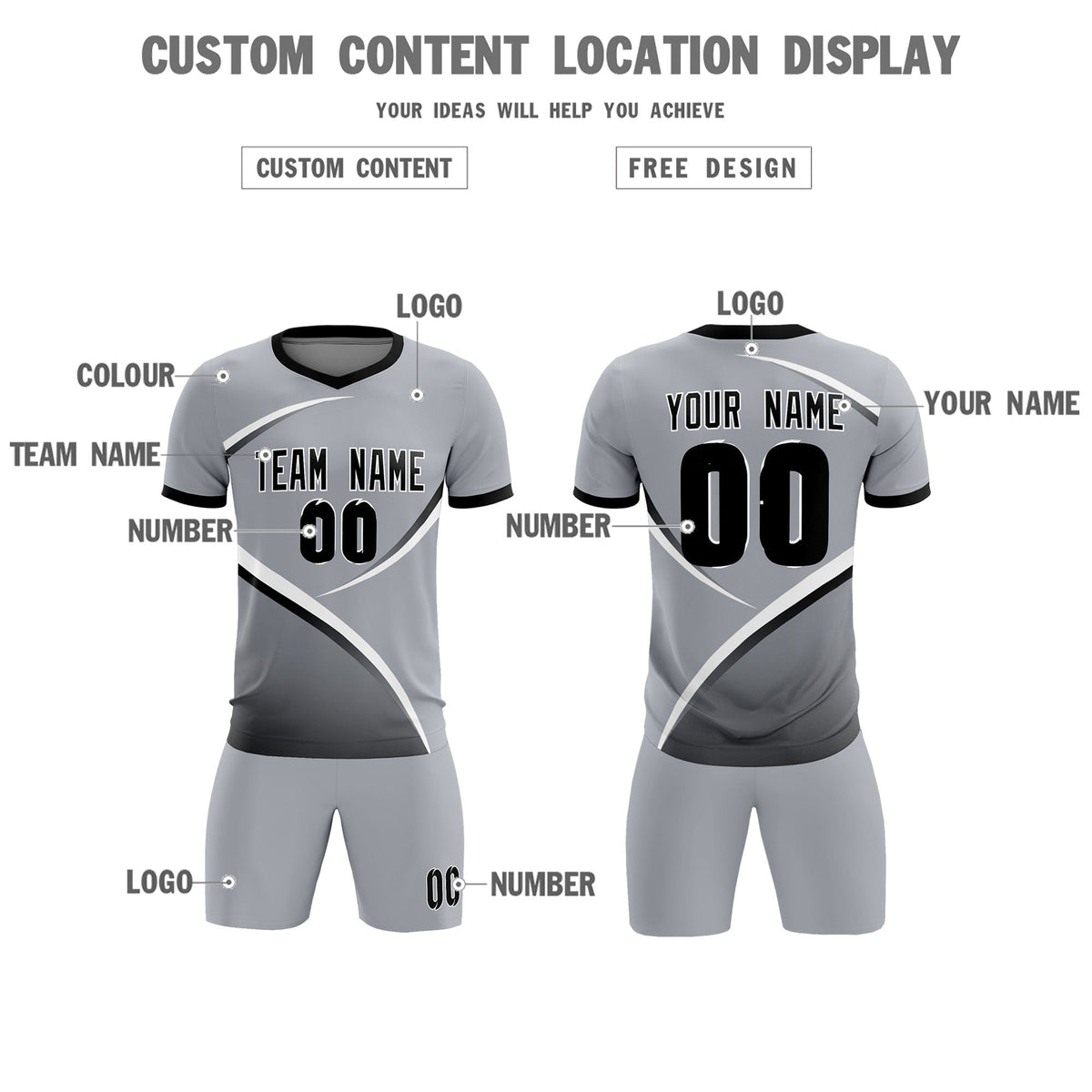 Custom Gray Black Color Block Training Uniform For Men Soccer Sets Jersey