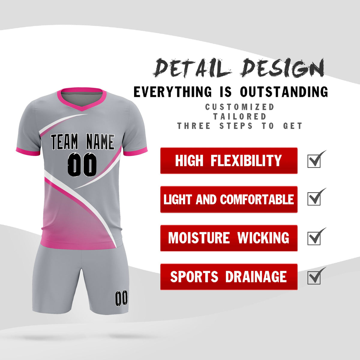 Custom Gray Pink Color Block Training Uniform For Men Soccer Sets Jersey