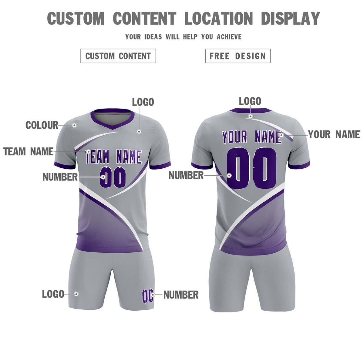 Custom Gray Purple Color Block Training Uniform For Men Soccer Sets Jersey