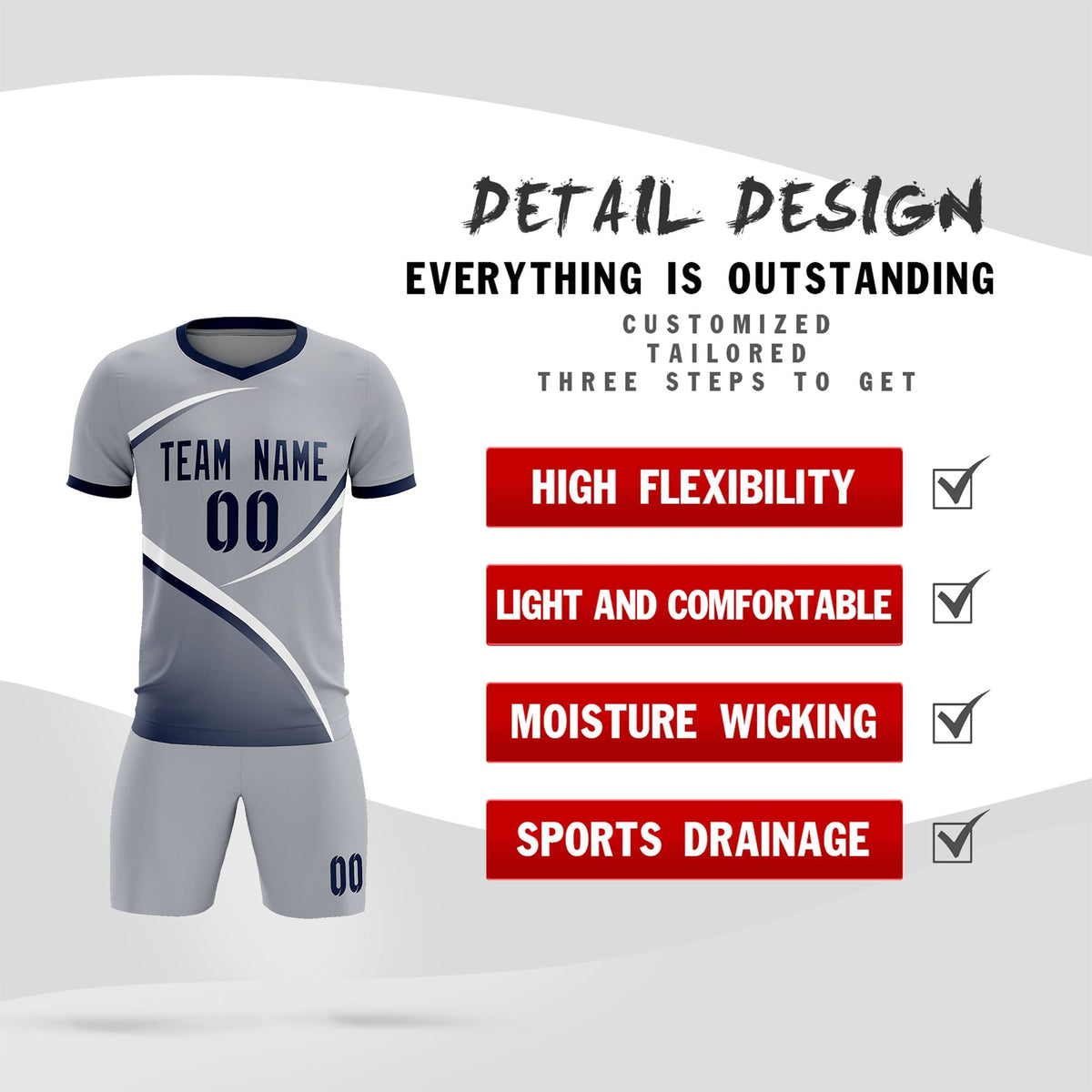 Custom Gray Navy Color Block Training Uniform For Men Soccer Sets Jersey