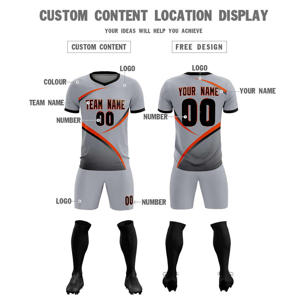 Custom Gray Black Color Block Training Uniform For Men Soccer Sets Jersey