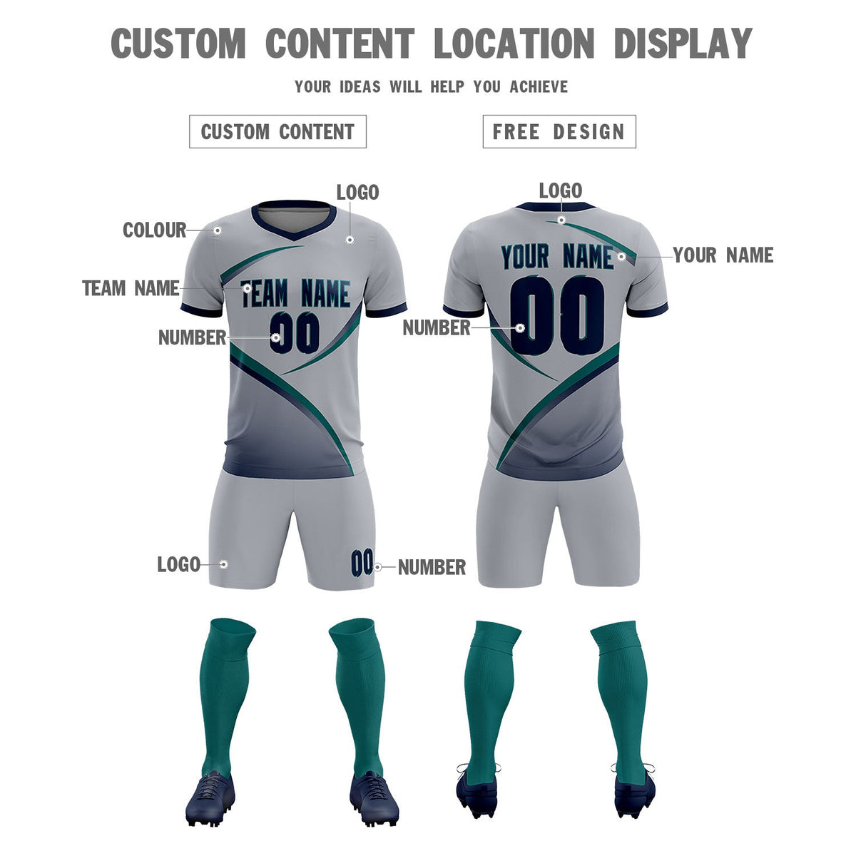 Custom Gray Navy Color Block Training Uniform For Men Soccer Sets Jersey