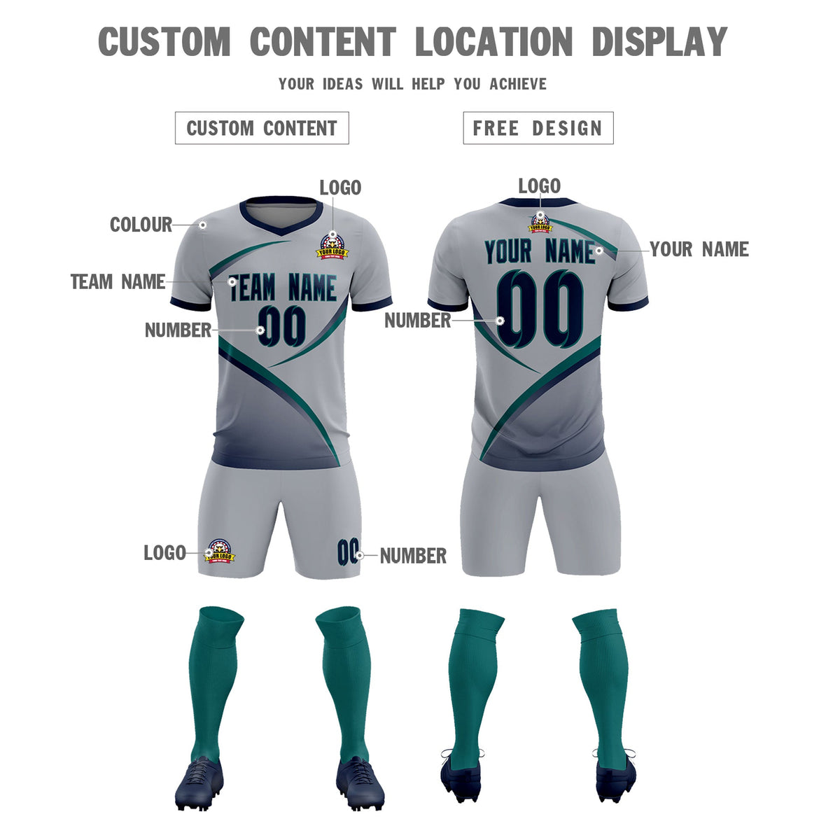 Custom Gray Navy Color Block Training Uniform For Men Soccer Sets Jersey