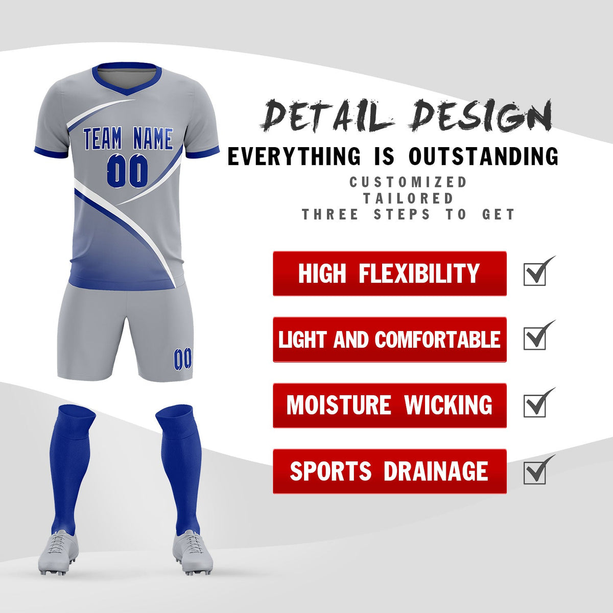 Custom Gray Royal Color Block Training Uniform For Men Soccer Sets Jersey