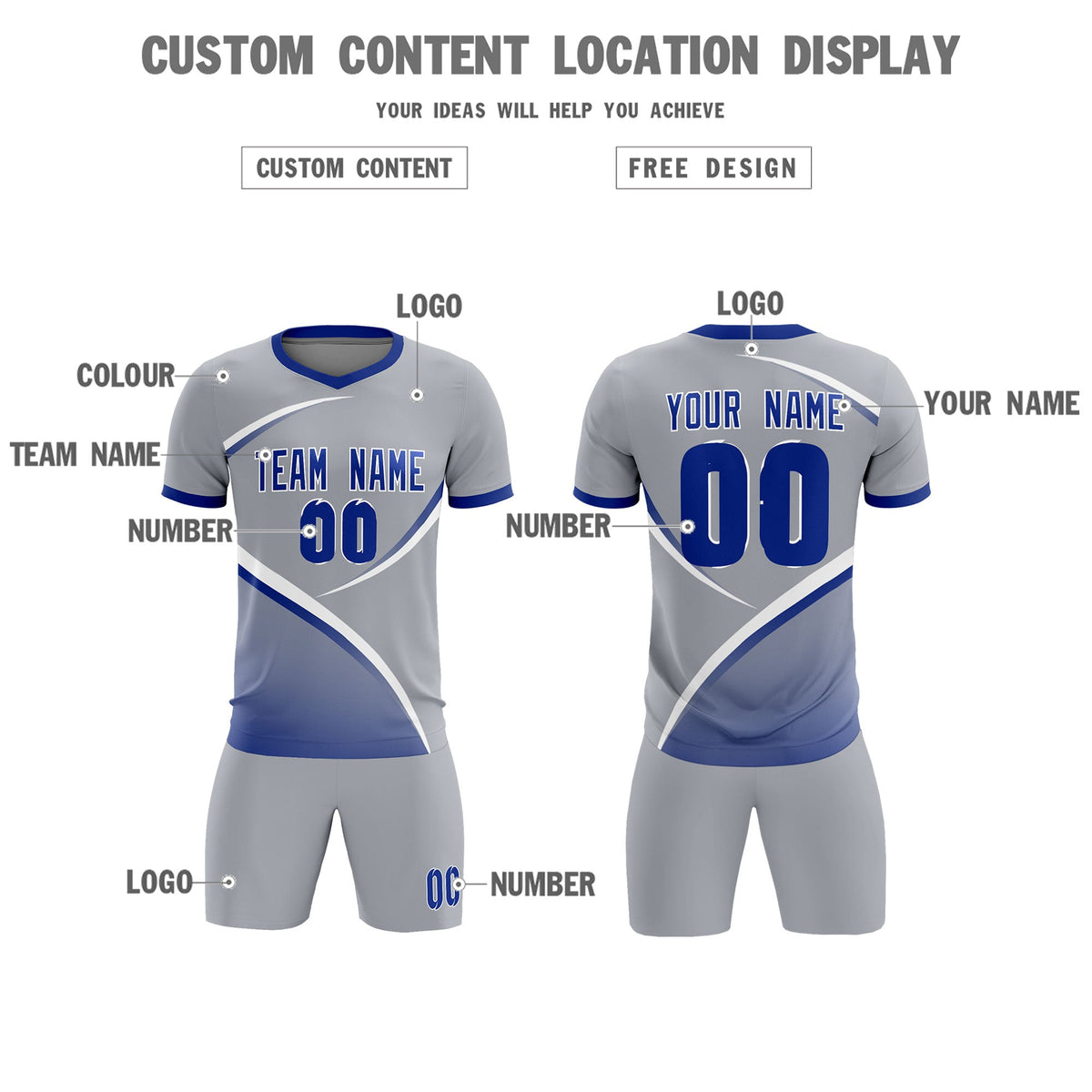 Custom Gray Royal Color Block Training Uniform For Men Soccer Sets Jersey