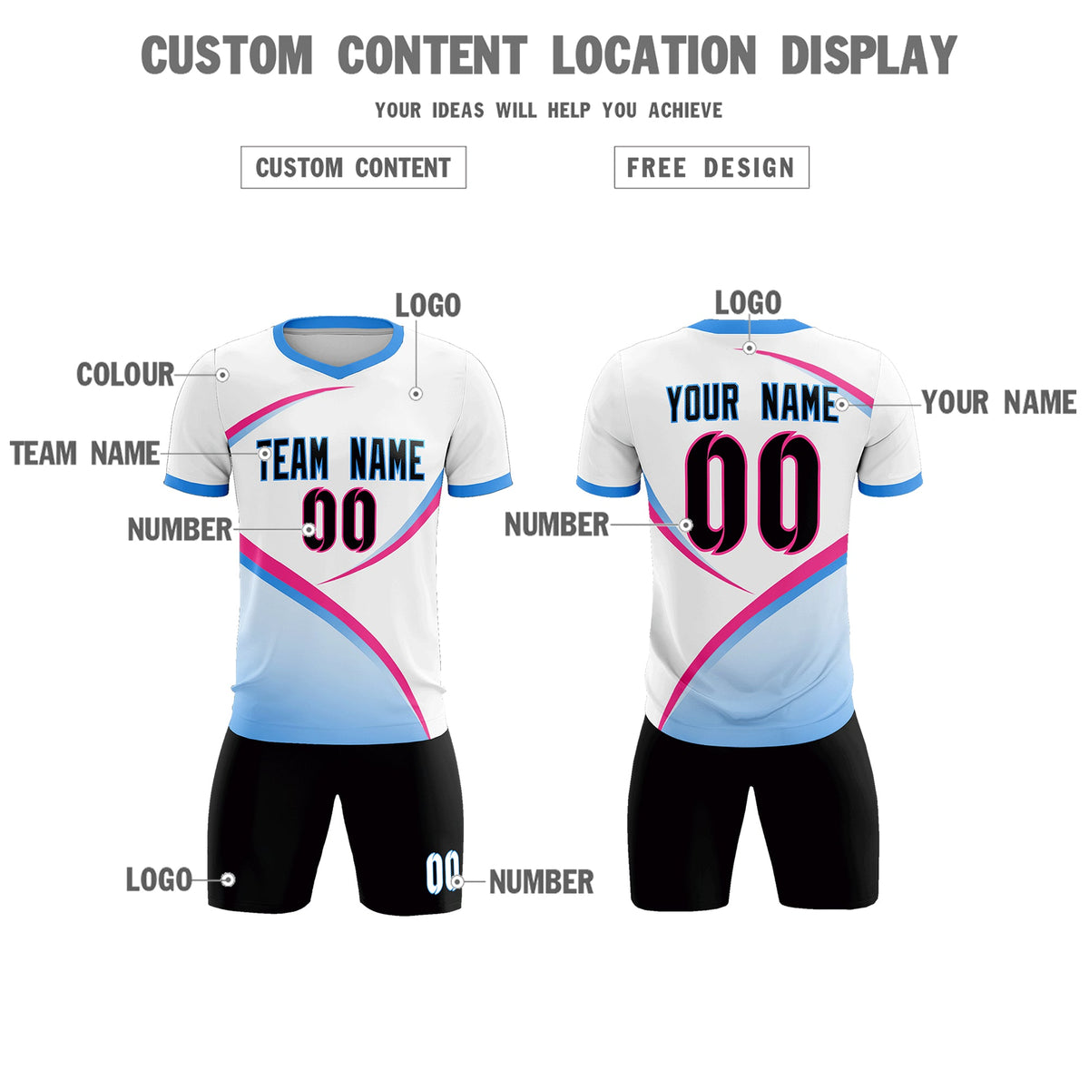 Custom White Powder Blue Color Block Training Uniform For Men Soccer Sets Jersey