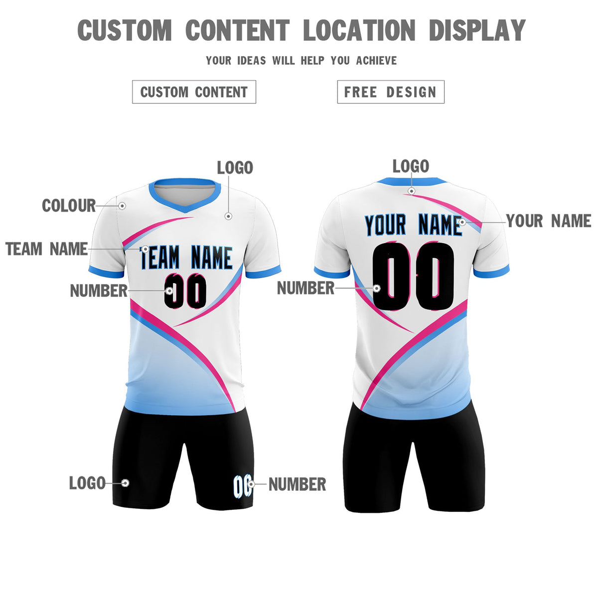 Custom White Powder Blue Color Block Training Uniform For Men Soccer Sets Jersey