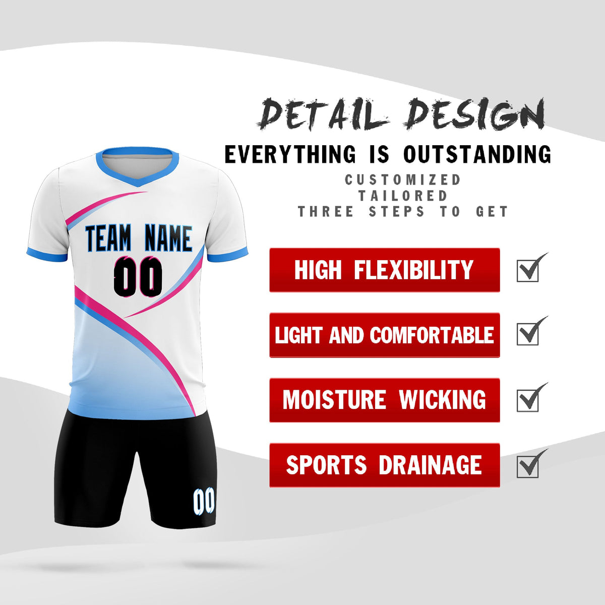 Custom White Powder Blue Color Block Training Uniform For Men Soccer Sets Jersey