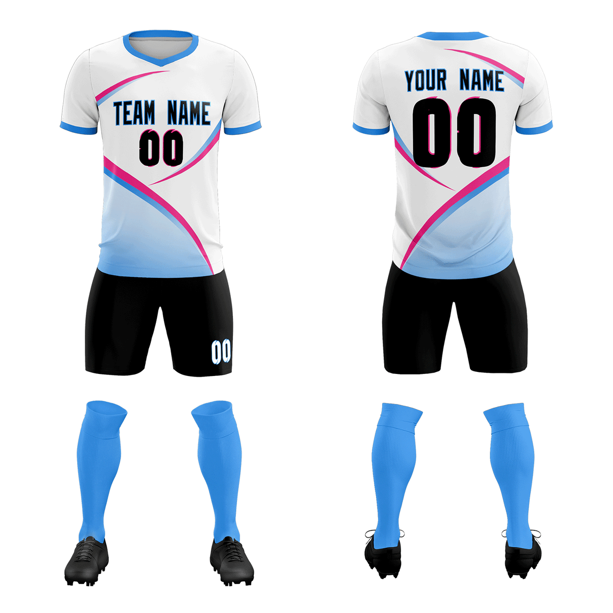 Custom White Powder Blue Color Block Training Uniform For Men Soccer Sets Jersey