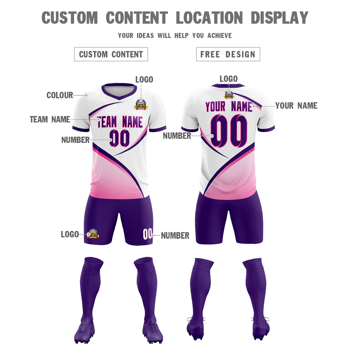 Custom White Purple Color Block Training Uniform For Men Soccer Sets Jersey