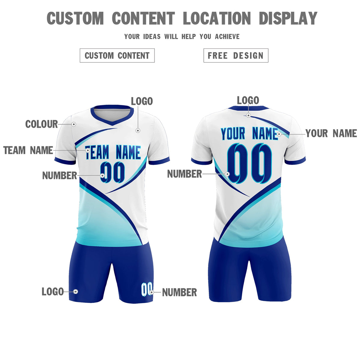 Custom White Sky Blue Color Block Training Uniform For Men Soccer Sets Jersey